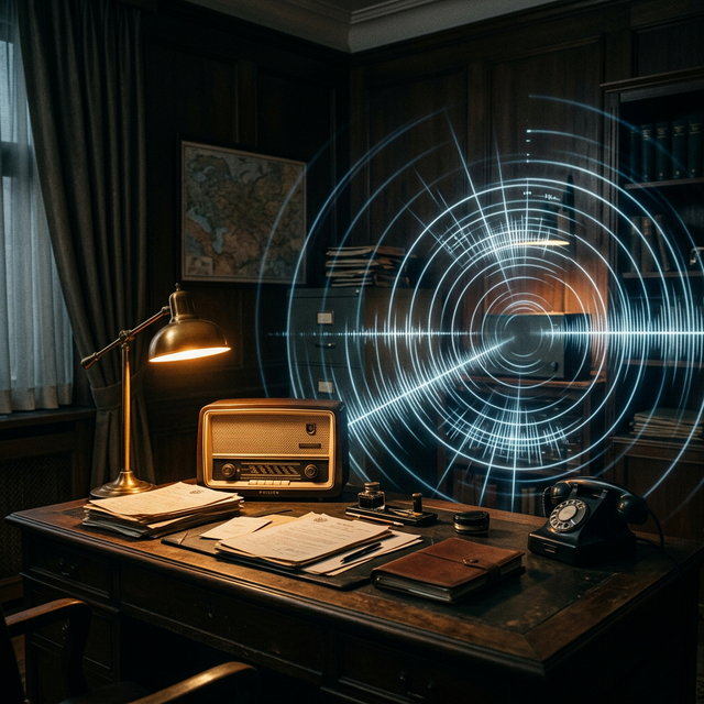 Cold War era diplomatic office with electromagnetic wave overlay
